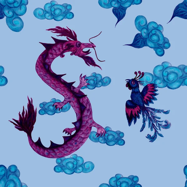 Creative seamless pattern with hand drawn chinese dragon, phoenix. Fantasy decorative print. Colored pencils.