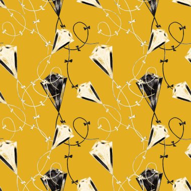 Renkli uçurtmalarla dekoratif dikiş desenleri. Yazın çıkan parlak baskı. Renkli kalemlerle çizilmiş..