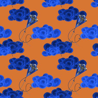 Renkli uçurtmalarla dekoratif dikiş desenleri. Yazın çıkan parlak baskı. Renkli kalemlerle çizilmiş..