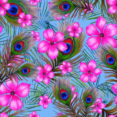 Güzel tavus kuşu tüyleri ve stilize çiçeklerle dekoratif, pürüzsüz desen. Moda yaz dokusu. El boya kalemleriyle çizilmiş..