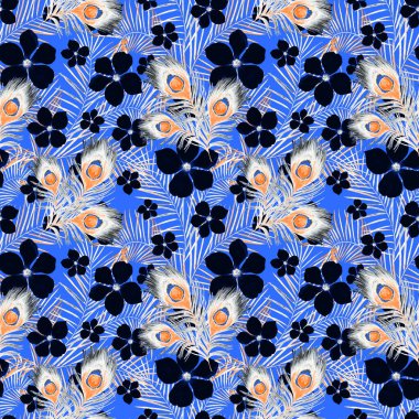 Güzel tavus kuşu tüyleri ve stilize çiçeklerle dekoratif, pürüzsüz desen. Moda yaz dokusu. El boya kalemleriyle çizilmiş..