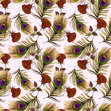 Süssüz desenli, suluboya güller ve tavus kuşu tüyleriyle. Romantik çiçek deseni. Tekstil tasarımı için.