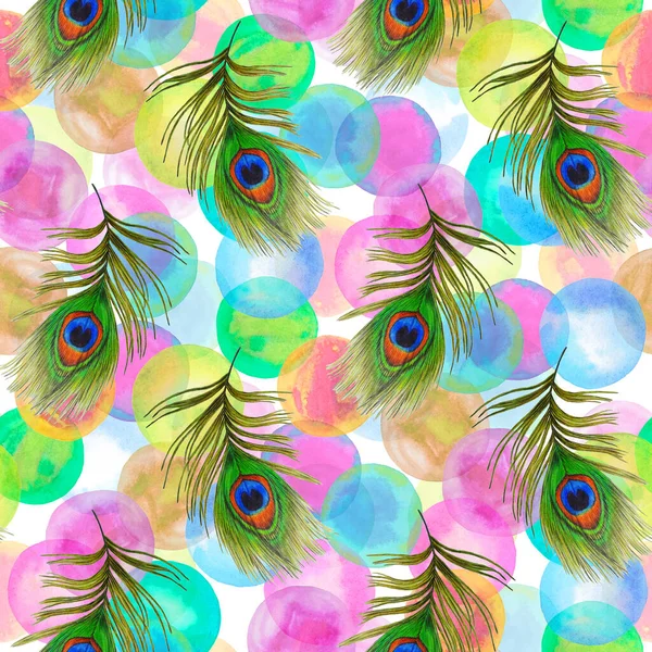 Decorative seamless pattern with beautiful peacock feathers on background. Trendy texture. Hand drawn with crayons.