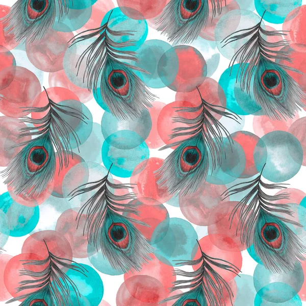 Decorative seamless pattern with beautiful peacock feathers on background. Trendy texture. Hand drawn with crayons.