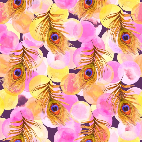 Decorative seamless pattern with beautiful peacock feathers on background. Trendy texture. Hand drawn with crayons.