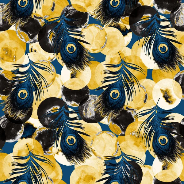 Decorative seamless pattern with beautiful peacock feathers on background. Trendy texture. Hand drawn with crayons.