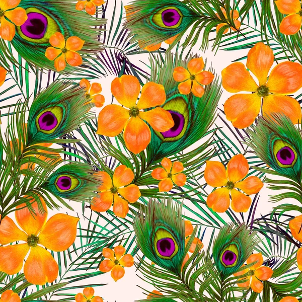 Decorative seamless pattern with beautiful peacock feathers and stylized flowers. Trendy summer texture. Hand drawn with crayons.