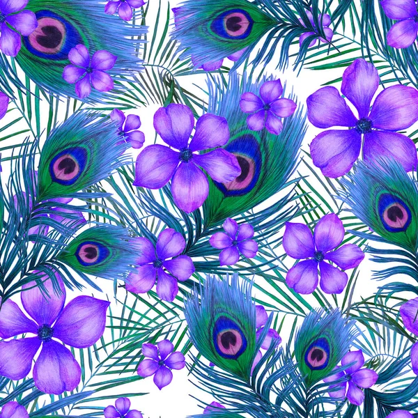 Decorative seamless pattern with beautiful peacock feathers and stylized flowers. Trendy summer texture. Hand drawn with crayons.