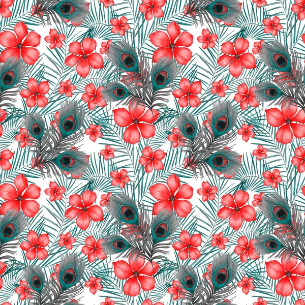 Decorative seamless pattern with beautiful peacock feathers and stylized flowers. Trendy summer texture. Hand drawn with crayons.