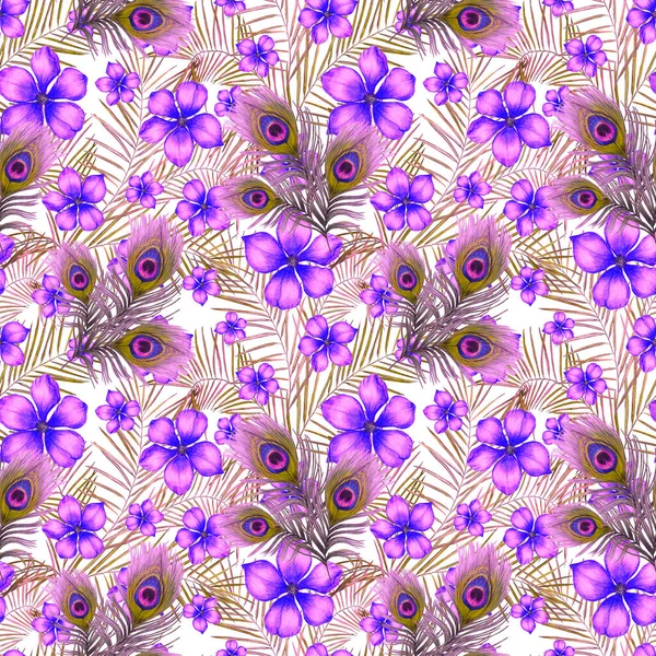 Decorative seamless pattern with beautiful peacock feathers and stylized flowers. Trendy summer texture. Hand drawn with crayons.