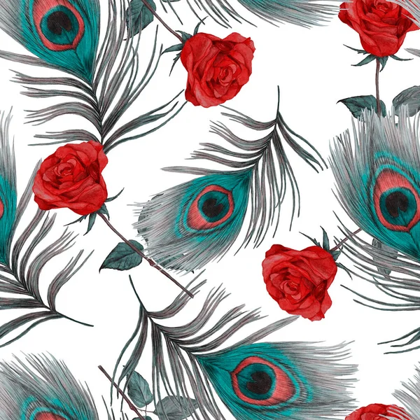 Süssüz desenli, suluboya güller ve tavus kuşu tüyleriyle. Romantik çiçek deseni. Tekstil tasarımı için.