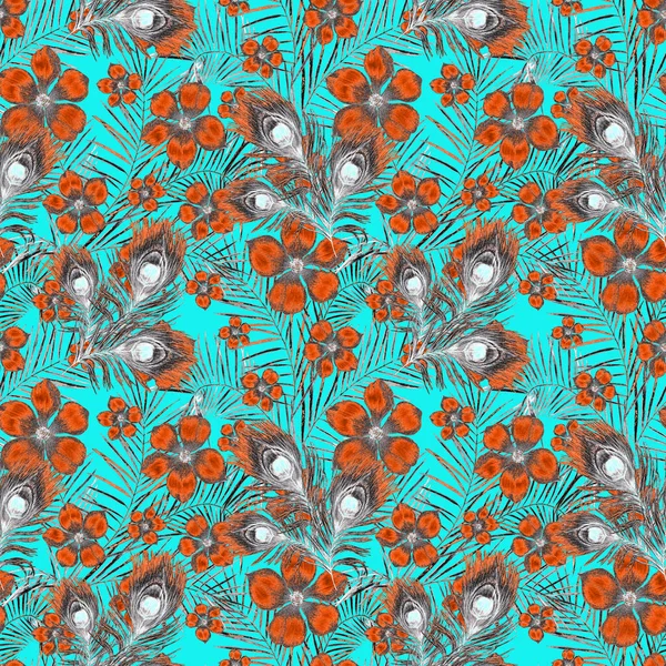 Güzel Tavus Kuşu Tüyleri Stilize Çiçeklerle Dekoratif Pürüzsüz Desen Moda — Stok fotoğraf