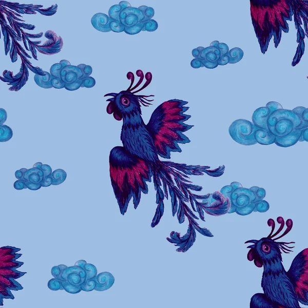 Kreatywny Bezszwowy Wzór Ręcznie Rysowane Chiński Smok Feniks Fantazyjny Druk — Zdjęcie stockowe