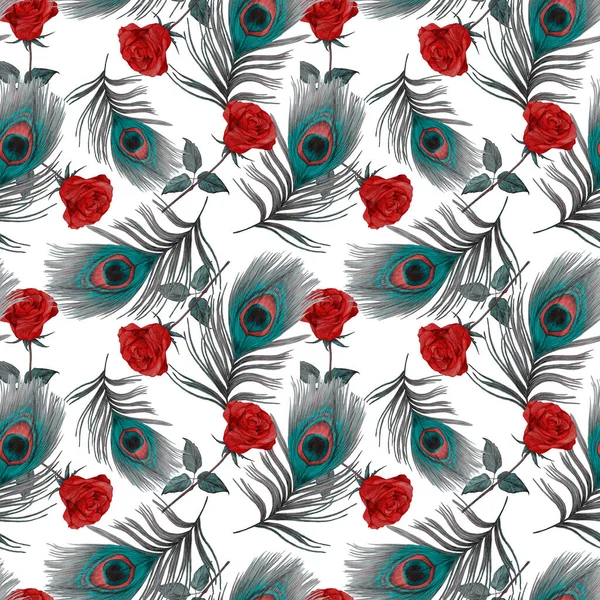 Decorative seamless pattern with beautiful watercolor roses and peacock feathers. Romantic floral print. For textile design.