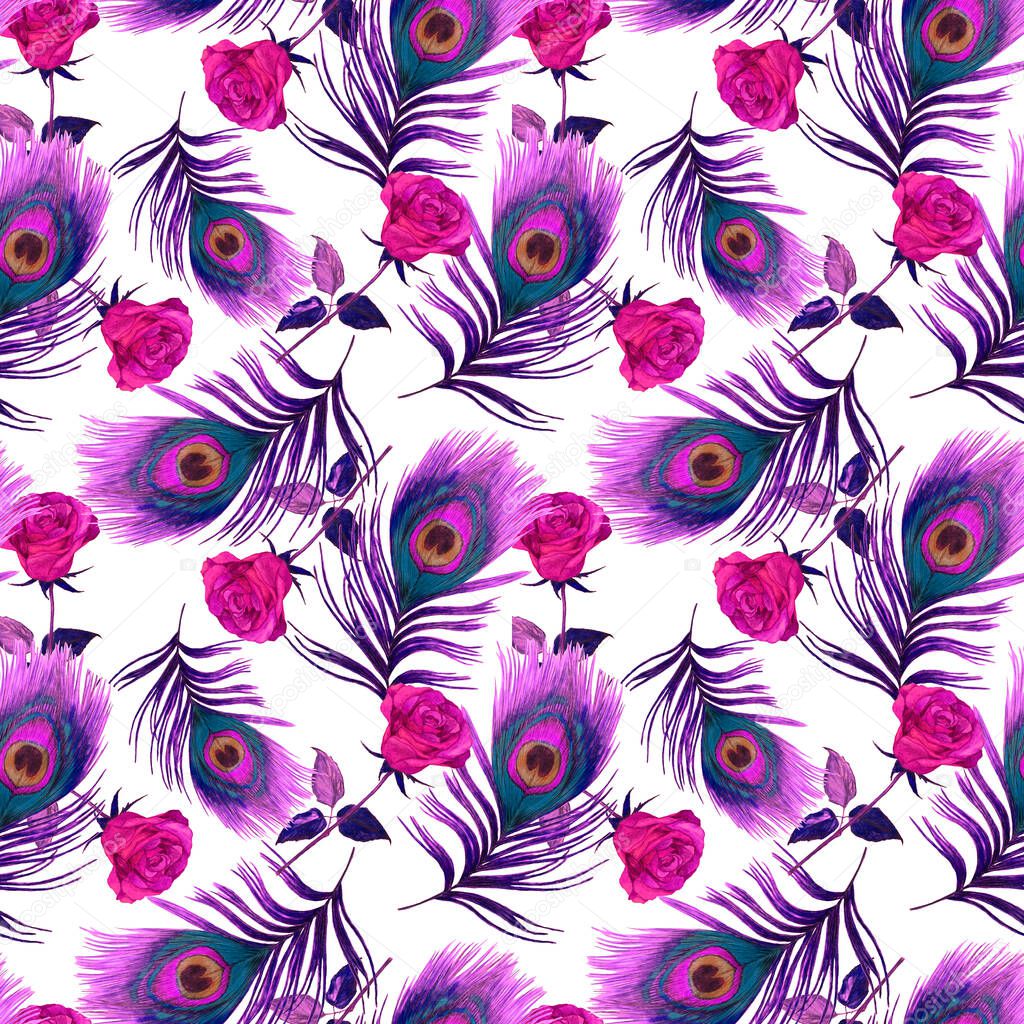 Decorative seamless pattern with beautiful watercolor roses and peacock feathers. Romantic floral print. For textile design.