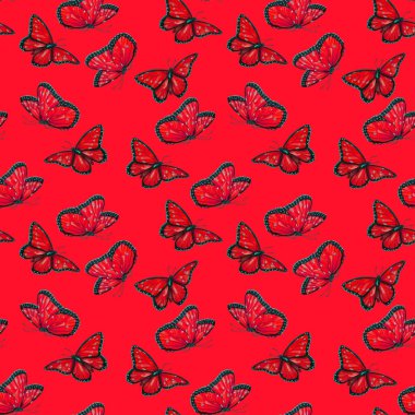 Suluboya kelebekleriyle dekoratif, pürüzsüz desen. Renkli doğa geçmişi. Güzel yaz baskısı.