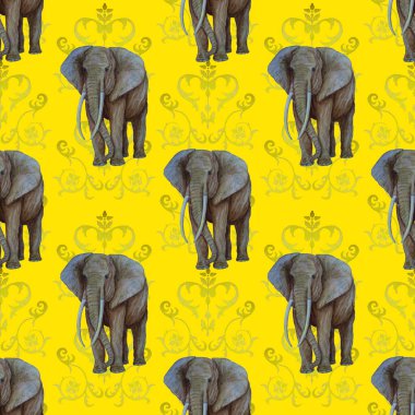 Dekoratif arka planda filler olan dikişsiz suluboya deseni. Modern tarzda sanat eserleri. Yaratıcı bandana baskısı.