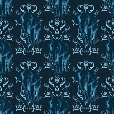 Dekoratif arka planda filler olan dikişsiz suluboya deseni. Modern tarzda sanat eserleri. Yaratıcı bandana baskısı.