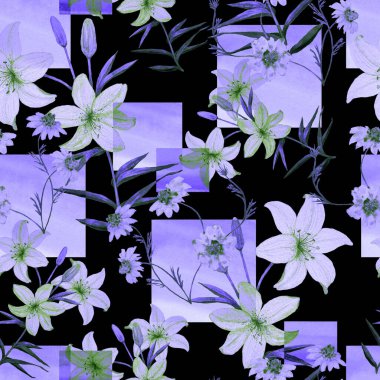 Geometrik arka planda zambak çiçekleri olan dikişsiz suluboya deseni. Çiçekli moda sanatı. Tekstil tasarımı ya da herhangi bir tasarım..