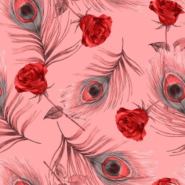 Süssüz desenli, suluboya güller ve tavus kuşu tüyleriyle. Romantik çiçek deseni. 