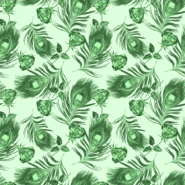 Süssüz desenli, suluboya güller ve tavus kuşu tüyleriyle. Romantik çiçek deseni. 