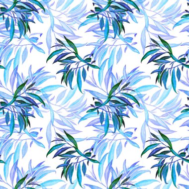 Söğüt yapraklı, dikişsiz suluboya desen. Güzel sanat baskısı. Kumaş dokusu arkaplanı. 