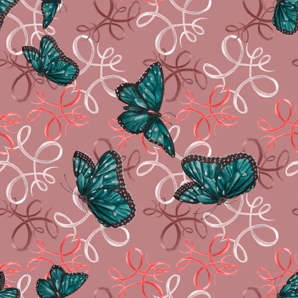 Decoratief Naadloos Patroon Met Aquarelvlinders Kleurrijke Natuur Achtergrond Mooie Zomerse — Stockfoto
