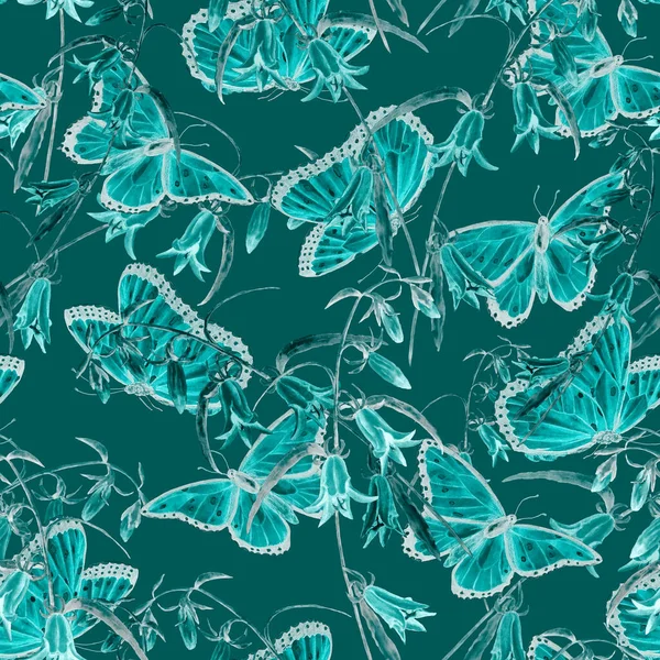 Декоративный Узор Тюленей Акварельными Бабочками Красочный Природный Фон Летний Принт — стоковое фото
