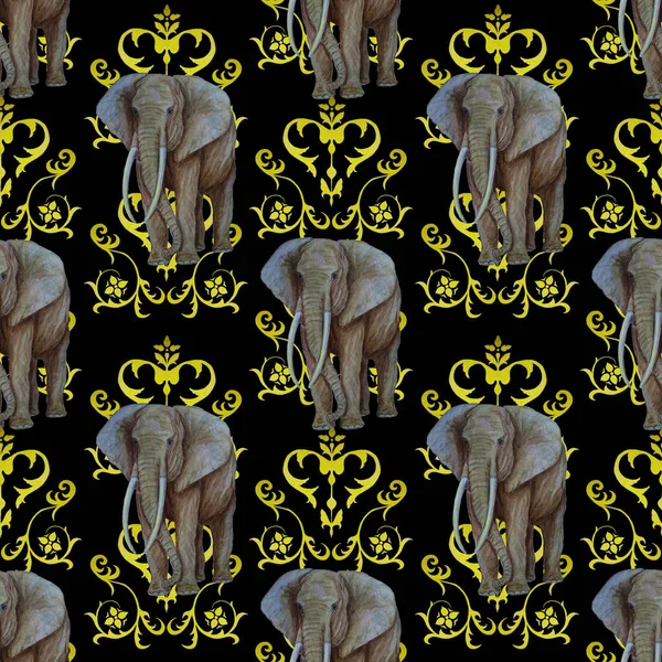 Watercolor seamless pattern with elephants on decorative background. Artwork in modern style. Creative bandana print.