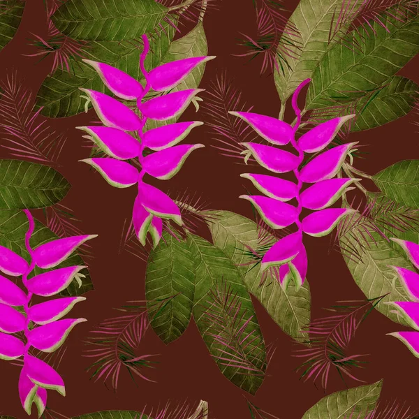 装饰花卉无缝家长与水彩艳丽的热带花 Heliconia 五彩缤纷的夏季背景 — 图库照片