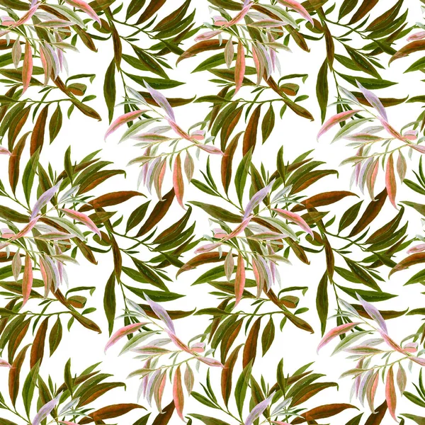 Watercolor seamless pattern with willow leaves. Beautiful art print. Fabric texture background. 