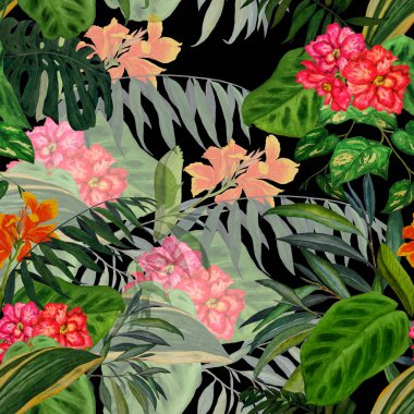 Soyut dekoratif dikişsiz desenli suluboya tropikal yapraklar ve konserve çiçekleriyle. Renkli el çizimi çizimi. Tropik yaz baskısı.