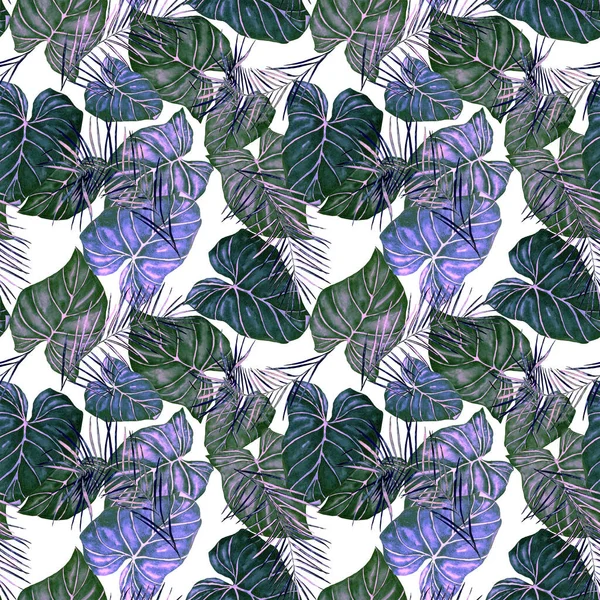 Abstract decorative seamless pattern with watercolor tropical leaves. Colorful hand drawn illustration. Tropical summer print.