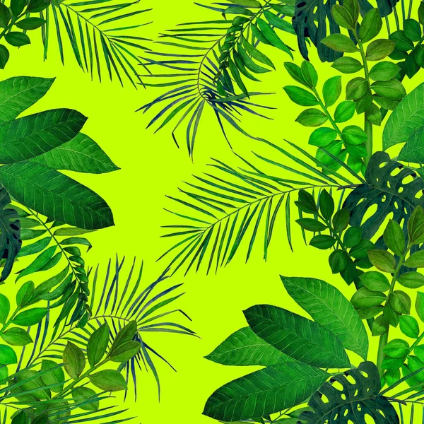 Abstract decorative seamless pattern with watercolor tropical leaves. Colorful hand drawn illustration. Vintage exotic background.