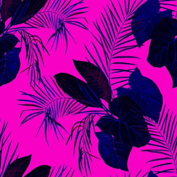 水彩斑斓的热带树叶装饰无缝图案 色彩艳丽的手绘插图 热带夏季印刷品 — 图库照片