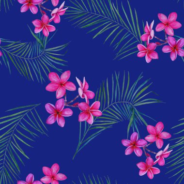 Süslü, dikişsiz ve suluboya tropikal çiçekli bir baba. Plumeria 'da. Renkli yaz doğa arka planı.