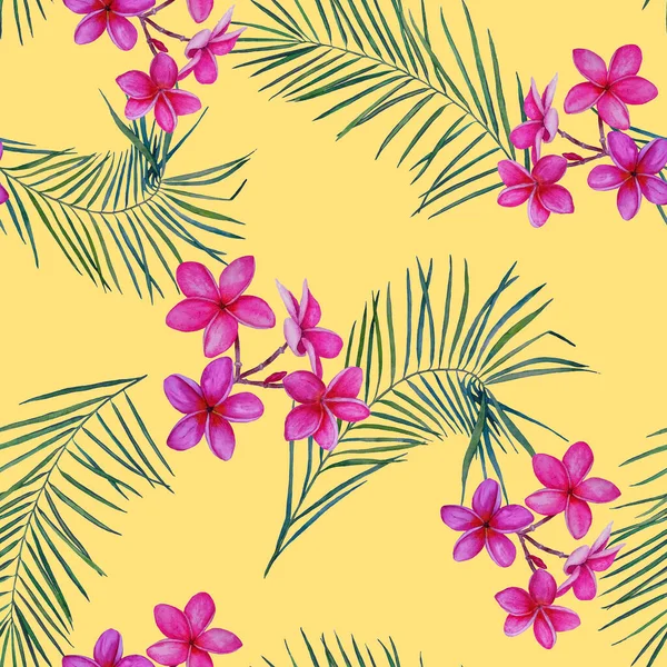Dekorativa Blommig Sömlös Patern Med Akvarell Tropiska Blommor Plumeria Färgglada — Stockfoto