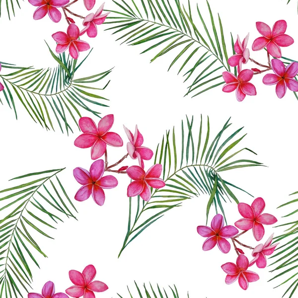 Dekorativa Blommig Sömlös Patern Med Akvarell Tropiska Blommor Plumeria Färgglada — Stockfoto