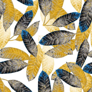 Soyut dekoratif, dikişsiz, suluboya tropikal yapraklı desen. Renkli el çizimi çizimi. Eski egzotik arkaplan.