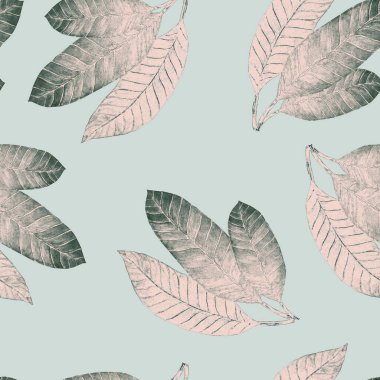 Soyut dekoratif, dikişsiz, suluboya tropikal yapraklı desen. Renkli el çizimi çizimi. Eski egzotik arkaplan.