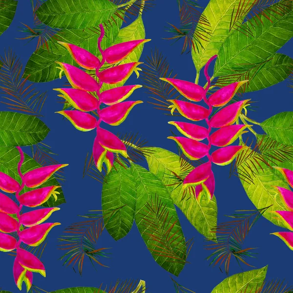 Dekoracyjny Kwiatowy Bezszwowy Patern Akwarelą Tropikalnych Kwiatów Heliconia Kolorowe Lato — Zdjęcie stockowe