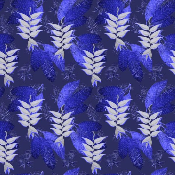 Dekorativa Blommig Sömlös Patern Med Akvarell Tropiska Blommor Heliconia Färgglada — Stockfoto
