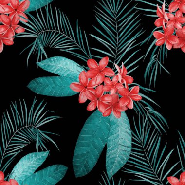 Süslü, dikişsiz ve suluboya tropikal çiçekli bir baba. Plumeria 'da. Renkli yaz doğa arka planı.