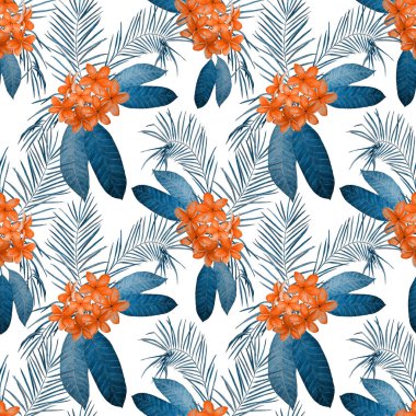 Süslü, dikişsiz ve suluboya tropikal çiçekli bir baba. Plumeria 'da. Renkli yaz doğa arka planı.