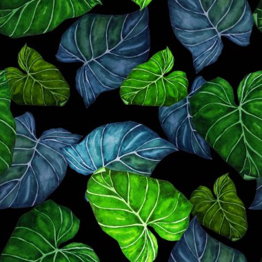 Soyut dekoratif, dikişsiz, suluboya tropikal yapraklı desen. Avuç içi. Renkli el çizimi çizimi. Eski egzotik arkaplan.