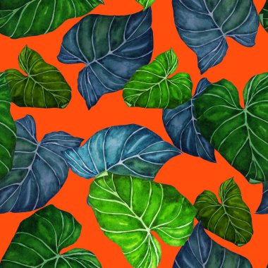 Soyut dekoratif, dikişsiz, suluboya tropikal yapraklı desen. Avuç içi. Renkli el çizimi çizimi. Eski egzotik arkaplan.