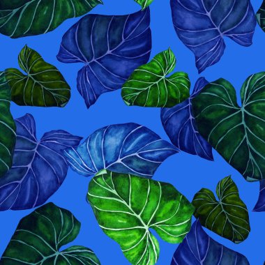 Soyut dekoratif, dikişsiz, suluboya tropikal yapraklı desen. Avuç içi. Renkli el çizimi çizimi. Eski egzotik arkaplan.