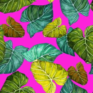 Soyut dekoratif, dikişsiz, suluboya tropikal yapraklı desen. Avuç içi. Renkli el çizimi çizimi. Eski egzotik arkaplan.