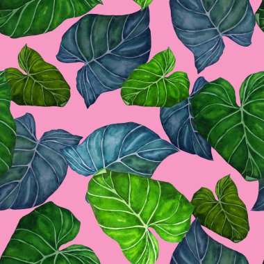 Soyut dekoratif, dikişsiz, suluboya tropikal yapraklı desen. Avuç içi. Renkli el çizimi çizimi. Eski egzotik arkaplan.