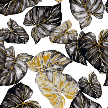 Soyut dekoratif, dikişsiz, suluboya tropikal yapraklı desen. Avuç içi. Renkli el çizimi çizimi. Eski egzotik arkaplan.